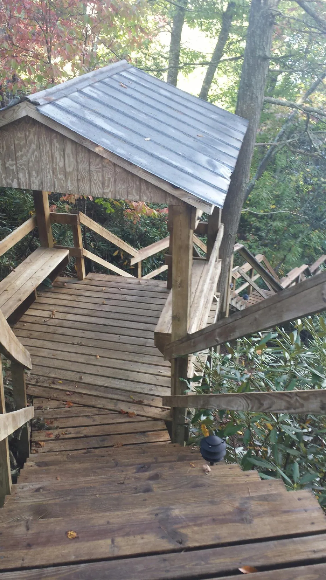 Metal roofed shelter over wooden steps on a wooded walkway — Skylight Repair & Installation work by our crew in New Hill